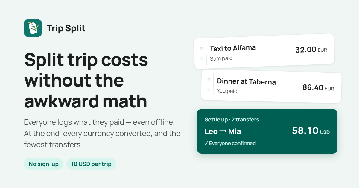 Trip Split — trip expense splitter: free to start, no sign-up preview