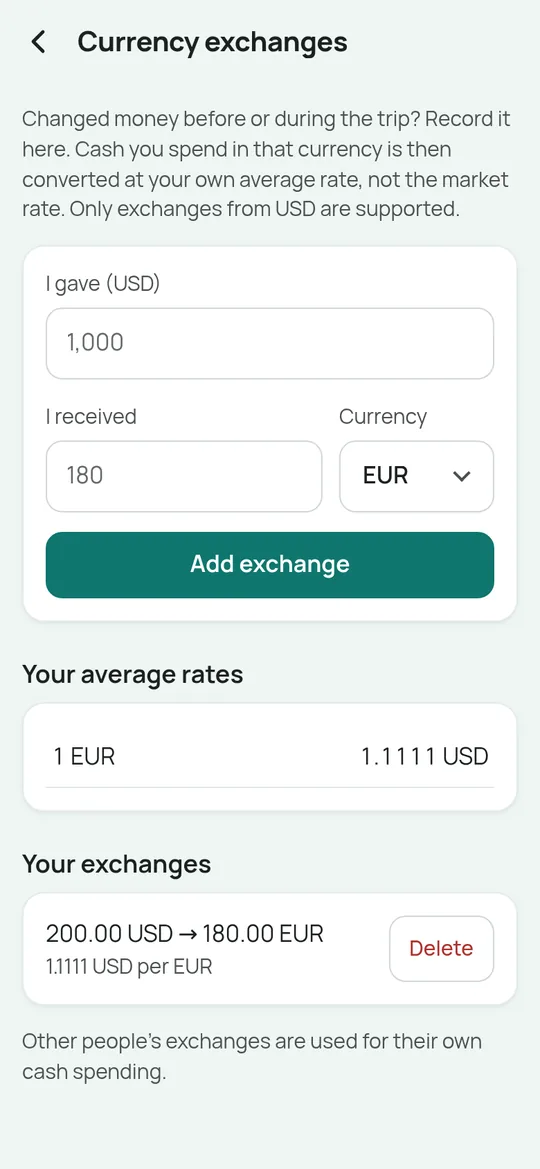 The Currency exchanges screen showing 200.00 USD changed to 180.00 EUR and an average rate of 1.1111 USD per EUR.