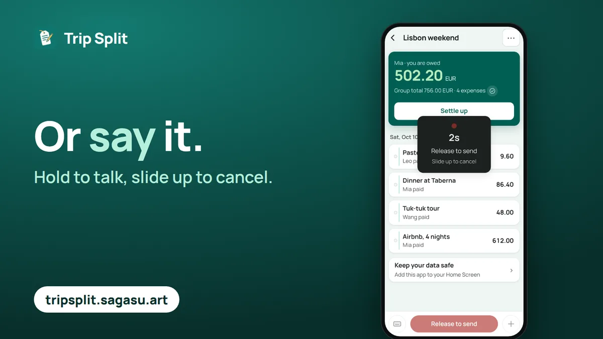 The ledger while the hold-to-talk button is pressed, with a two-second recording and the hint to slide up to cancel.