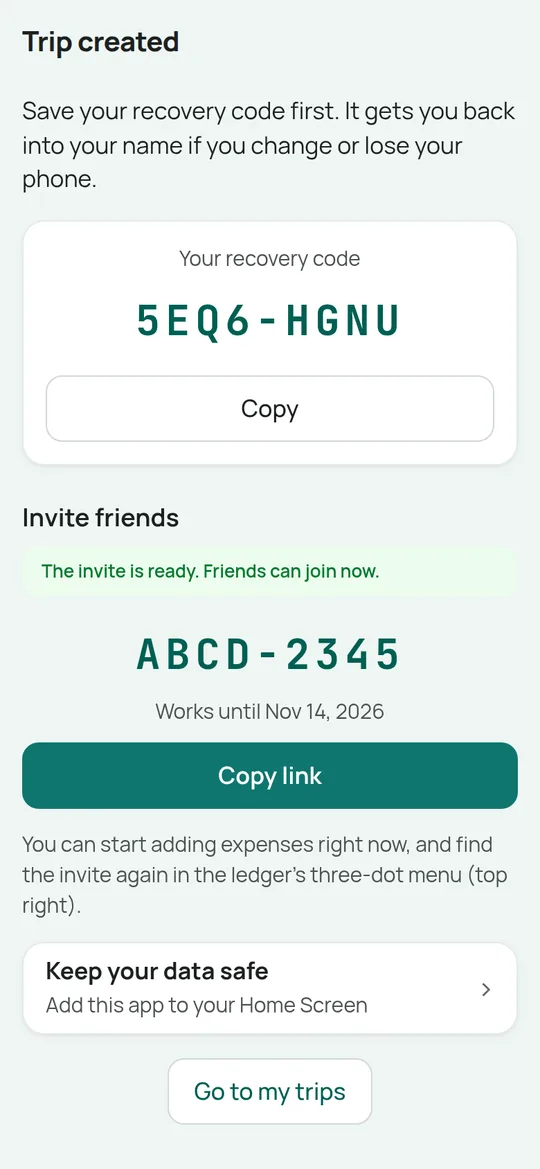 The Trip created screen showing a recovery code and an invite code with a Copy link button.