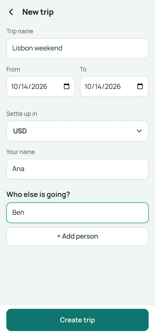 The New trip form in Trip Split filled in with Lisbon weekend, settling in USD, Ana and Ben.