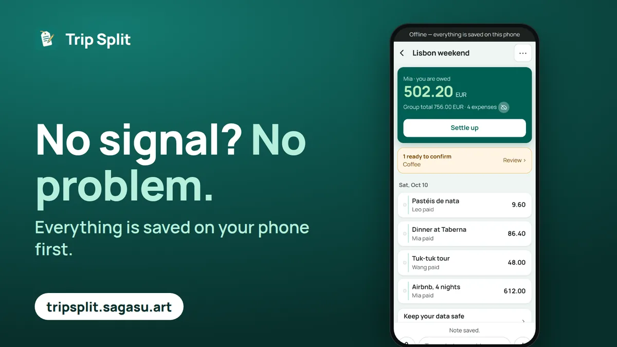 The ledger with an offline bar saying everything is saved on this phone, and a note waiting to be confirmed.